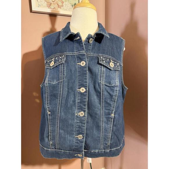 CJ Banks Jackets & Blazers - CJ Banks Denim Vest Womens X Blue Rhinestone Sleeveless Stretch Buttons Pockets